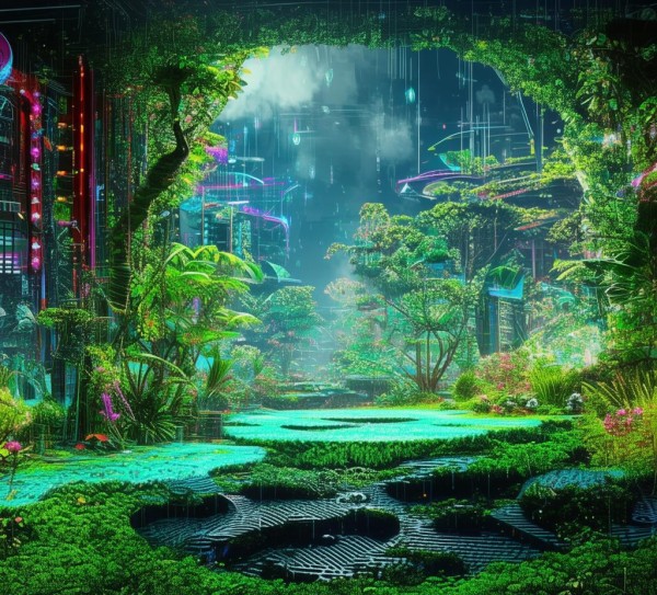 生机立体科技动态壁纸，科技与自然和谐共生的未来